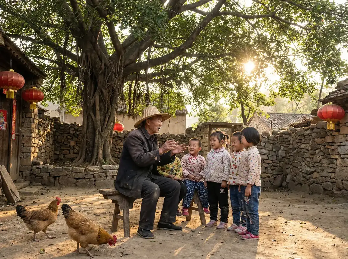 老人在大榕树下给孩子们讲故事 - 消防犬高清 乡村记忆